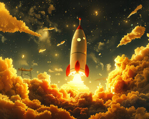 A retro rocket ship launching from a launch pad into a starry night sky.