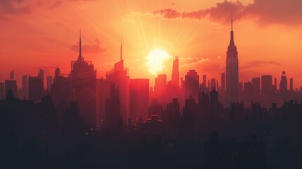 The sun rises behind a city skyline, casting a warm glow over the urban landscape and signaling the start of a new day's hustle and bustle.