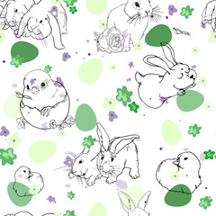 Chickens, hares, rabbits, Easter, pas Halnie eggs. Happy Easter holiday pattern. For printing on prints, t-shirts, logos, sportswear