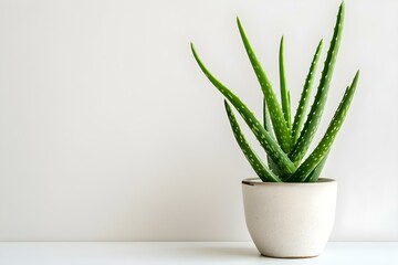 Mockup of vintage pot with aloe plant against white wall. Concept Photography, Vintage, Pot, Aloe Plant, White Wall