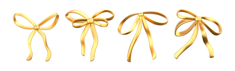 3d gold liquid bow ribbon set in y2k style isolated on a dark background. Render of modern golden aesthetic bow ribbon, vintage girly hair accessory with reflection gradient effect. 3d vector y2k icon