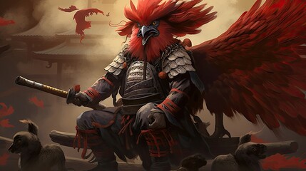 The mythical creature Tengu that guides samurai warriors in folklore. Japanese aesthetics, warrior bird, plate armor, antiquity. Concept of war, mysticism, mythology. Generative by AI