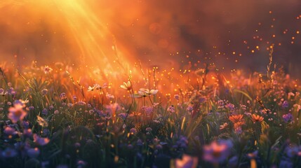 The sun rises over a field of wildflowers, casting a warm glow on the delicate petals and filling the air with the sweet scent of dawn.