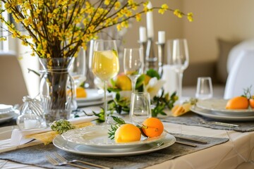 A table set with oranges and lemons for a formal dinner. Perfect for food and event concepts
