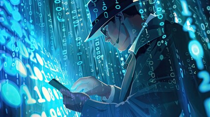 Undercover operative hacking into a secure database. Government hacker, cracker at work, data flows, special agent, cybersecurity, specialist at work. Matrix concept, cyber space. Generative by AI