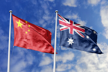 3d illustration. China and AAAAAAAAA Flag waving in sky. High detailed waving flag. 3D render....