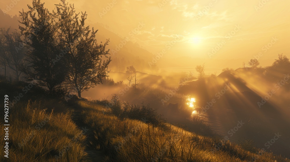 Poster the sun rises over a fog-covered landscape, casting long shadows and creating a mystical ambiance of