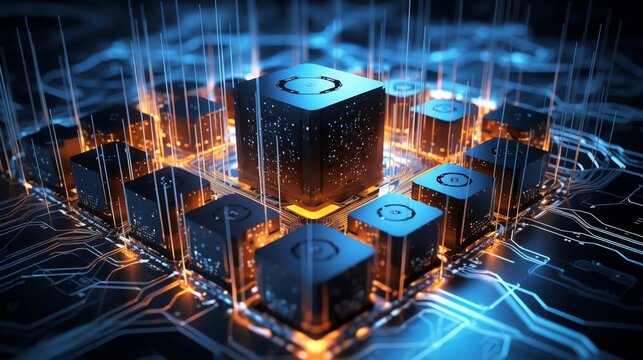 Conceptual image of a quantum computing core connected to a network of servers, visualizing data flow and connectivity