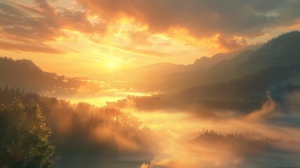 The sun rises over a mist-covered valley, casting a warm glow on the tranquil landscape below, a serene moment of awakening and possibility.
