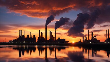The silhouette of an industrial complex against a vibrant sunset creates a visual contrast between the beauty of nature and the environmental impact of industry