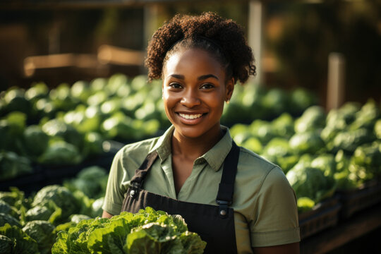 A young, happy woman, a gardener, is growing lettuce in a greenhouse. - Powered by Adobe
