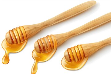 Three wooden spoons with honey dripping from them, ideal for food and cooking concepts