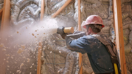 Shot of worker blowing loosefill insulation into wall cavity.generative ai