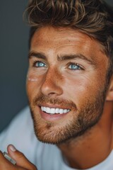 Obraz premium A close-up shot of a man with blue eyes, his facial features in focus, and a subtle smile on his face