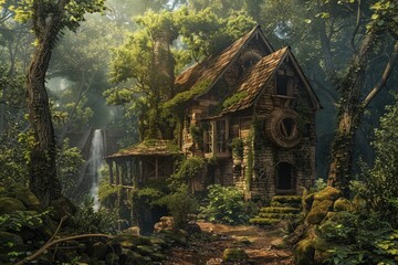 A picturesque house in the woods with a stunning waterfall in the background. Perfect for nature lovers and travel enthusiasts