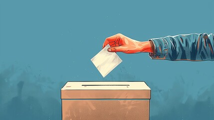 Minimalist graphic of a hand dropping a voting slip into a simple box, the scene composed on a solid blue background to highlight the action - obrazy, fototapety, plakaty