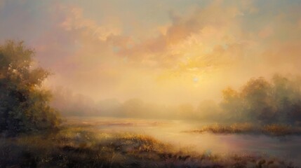 The sun's first rays illuminate a misty morning landscape, painting the sky in hues of gold and pink, heralding the start of a new day.