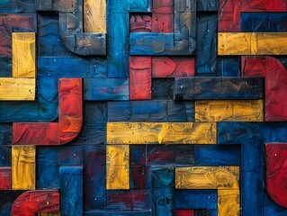 A wooden wall with blue, red, and yellow blocks arranged in a geometric pattern.
