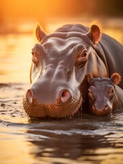 Fototapeta premium Tender moment captured between a mother hippopotamus and her young calf, standing close in muddy water, under the warm African sun, perfect for wildlife and family bonding themes