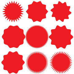Set of red starburst. Price sticker, sale sticker, price tag, starburst, quality mark, retro stars, sale or discount sticker, sunburst badges, sun ray frames, promotional badge set, shopping labels