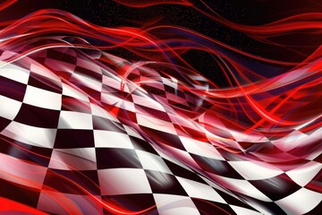 Red and black checkered flag on a black background. Suitable for sports events or racing themes