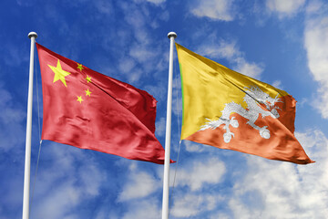 3d illustration. China and AAAAAAAAA Flag waving in sky. High detailed waving flag. 3D render....