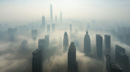 Thick smog enveloping city skyscrapers, illustrating the harmful effects of air pollution on urban environments