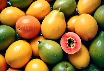 Multitude variety of tropica fruits with water droplets on them macro closeup background