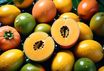 Multitude variety of tropica fruits with water droplets on them macro closeup background