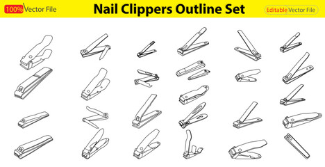 Set Nail Cutter line art vector.  vector set of nail clipper. Nail manicure icons set. Outline set of nail manicure vector icons for web design isolated on white background