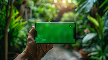 person holding an smart phone with a picture of green screen generative ai - 796273993
