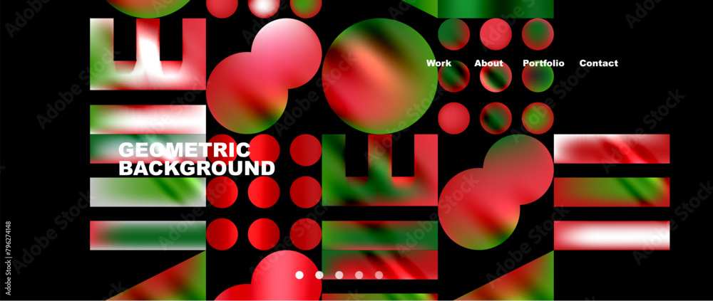 Poster a modern geometric background featuring red and green circles on a sleek black backdrop. reminiscent