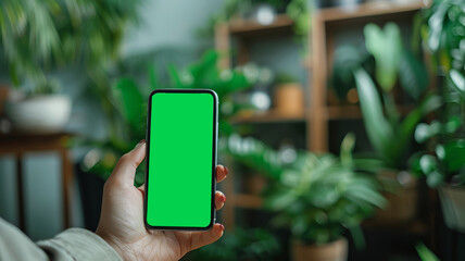 person holding an smart phone with a picture of green screen generative ai - 796274113