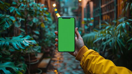 person holding an smart phone with a picture of green screen generative ai - 796274166
