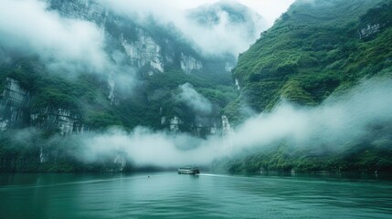 Obraz premium Green Mountains and Foggy Gorges - Scenic Chinese Landscape on River Cruise Boat Amidst