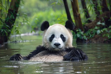 Obraz premium Giant Panda Enjoying a Relaxing Bath in Water - Adorable Asian Animal Sitting in Peace