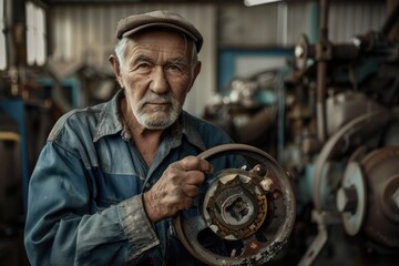 Fototapeta na wymiar Portrait of a Professional Mature Mechanic Holding a Vehicle Part and Working in the Garage