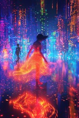 A young girl in a flowing dress and a boy dance amidst a swirl of sparkling lights at twilight.