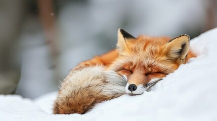 Adorable Japanese Red Fox Sleeping in Cold Autumn Snow