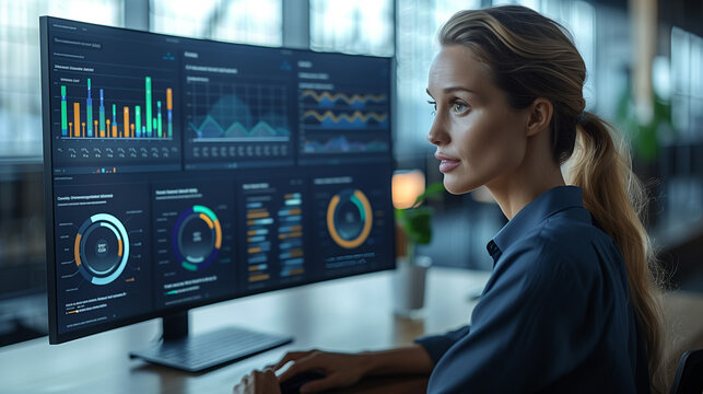 Management System to make report metrics connected to database. Corporate strategy for finance, operations, sales, marketing. finance data analytics graph.