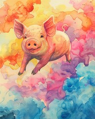 Hand drawn watercolor, flying pig among vibrant, colorful clouds, bright pastel hues, serene and dreamy