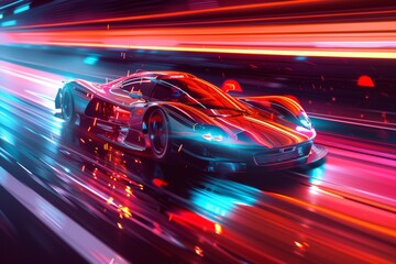 A sleek sports car speeds down an urban thoroughfare, surrounded by vibrant neon lights.