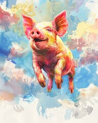 Watercolor of a flying pig in the sky, dreamy colorful clouds, bright pastel colors, hand drawn
