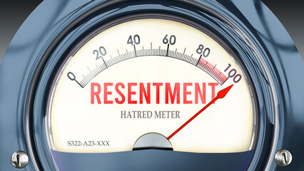 Resentment and Hatred Meter that is hitting a full scale, showing a very high level of resentment, overload of it, too much of it. Maximum value, off the charts.  ,3d illustration