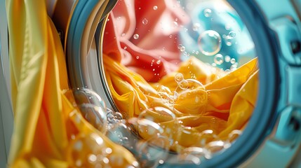 Washing machine mid-cycle with bubbles and vibrant clothes