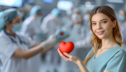 Heart transplant and organ donation concept. Hand is giving red heart.generative ai - 796276131