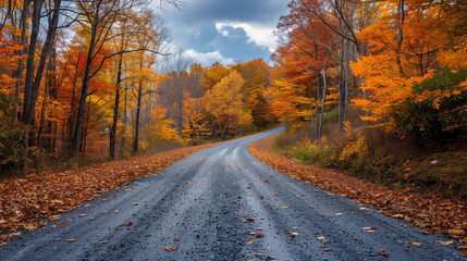 Naklejka na ściany i meble A road with autumn leaves on the ground