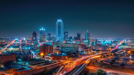 Fototapeta premium Night Skyline of Downtown City - Urban Architecture and Skyscrapers in Business District