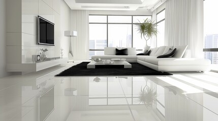 Spick and span living room with shiny surfaces and minimal decor