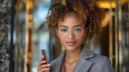 Happy businesswoman using mobile phone while arriving at hotel.